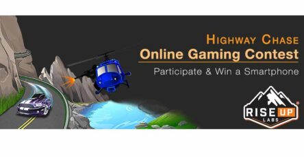 the game highway chase contest details and prize in a poster with helicopter and car to promote the online gaming contest