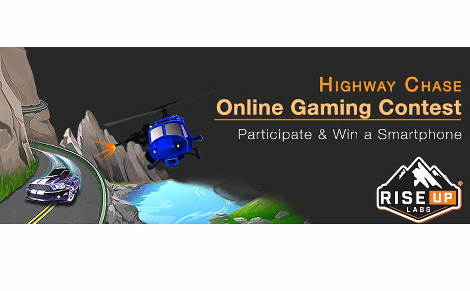 the game highway chase contest details and prize in a poster with helicopter and car to promote the online gaming contest