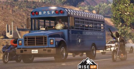 gta 5 gaming screenshot of a bus and motorcycle like a hollywood scene and how gaming industry is bigger than Hollywood