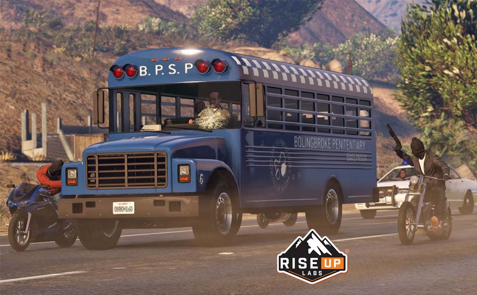 gta 5 gaming screenshot of a bus and motorcycle like a hollywood scene and how gaming industry is bigger than Hollywood