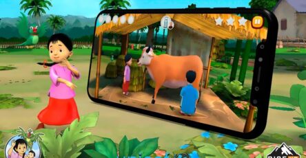 meena on the poster of meena game 2 in 3D beside a mobile phone showing the game